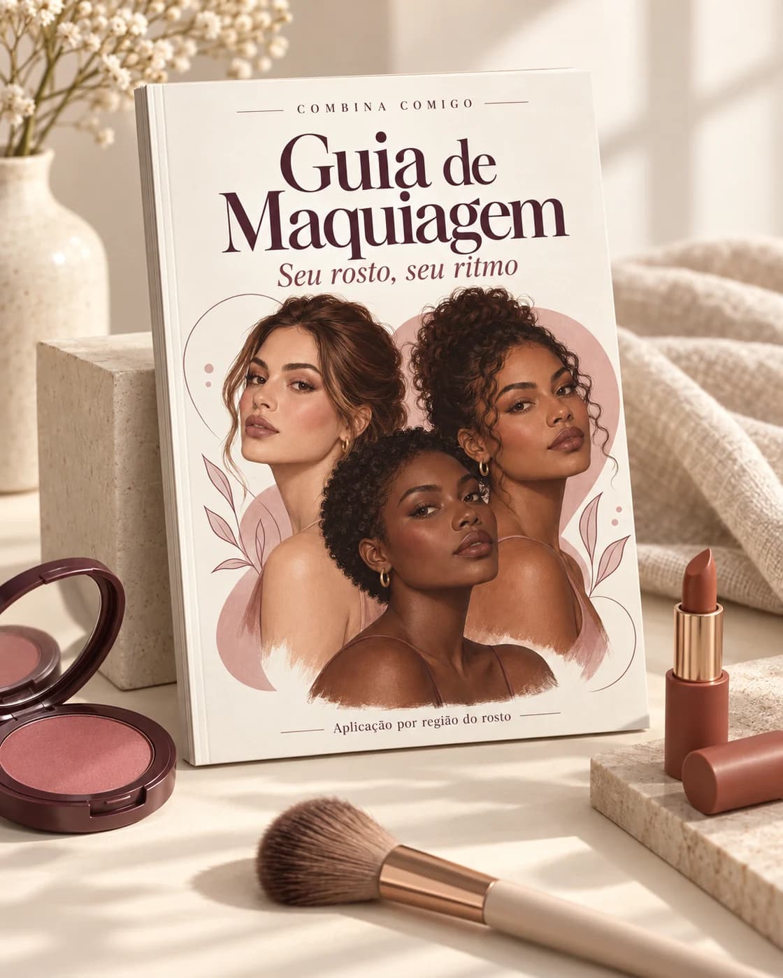 Guia de Maquiagem em versão impressa, com capa ilustrada, ao lado de pincel e cosméticos